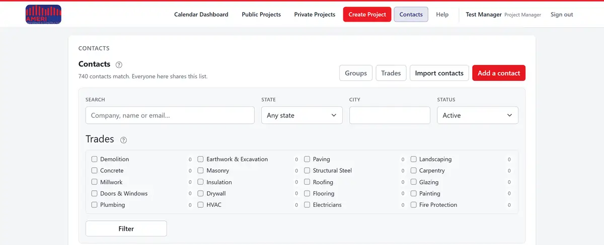 The top of the Contacts directory. A heading reads "740 contacts match. Everyone here shares this list", with Groups, Trades, Import contacts and Add a contact buttons beside it. Below are search, state, city and status filters, then a grid of trade checkboxes each showing a count.