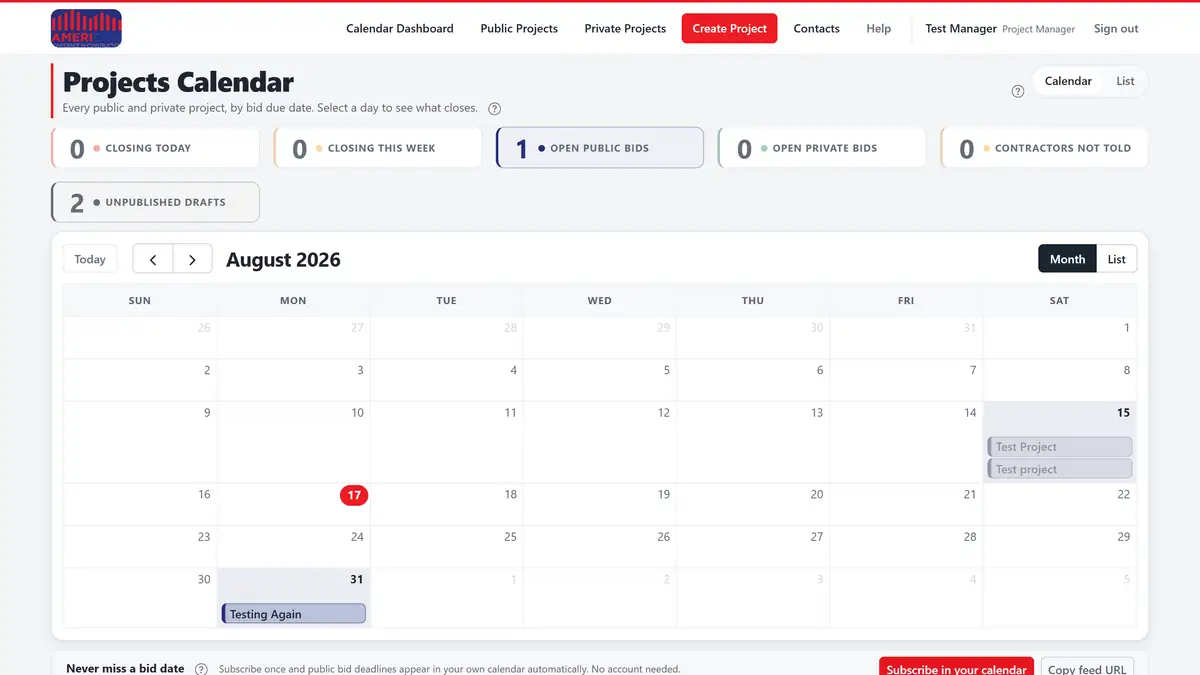 The Calendar Dashboard: a row of counting tiles above a month grid, with two bid deadlines marked on it and a calendar subscription bar underneath.