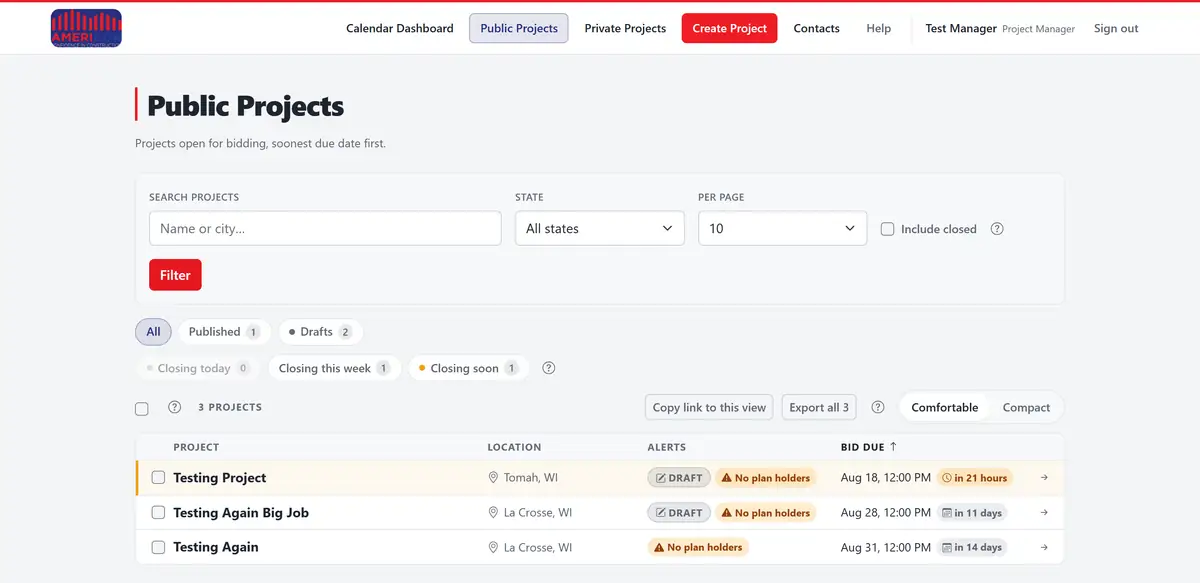 A project list. A filter bar with search, state and per-page controls sits above two rows of quick-filter chips showing counts, then a toolbar with Copy link to this view, Export and a Comfortable/Compact switch, then the table of projects with Draft and No plan holders badges against each.